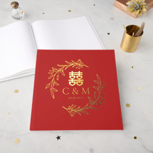 Livre D'or Boho feuille couronne double bonheur mariage chino