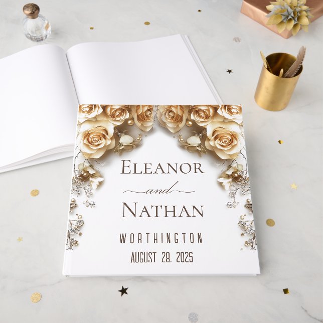 Livre D'or Boho Golden Rose Printemps mariage moderne (Recto ouvert)