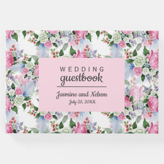Livre D'or Boho Rose Bleu fleurs Mariage Fleur personnalisée (Devant)