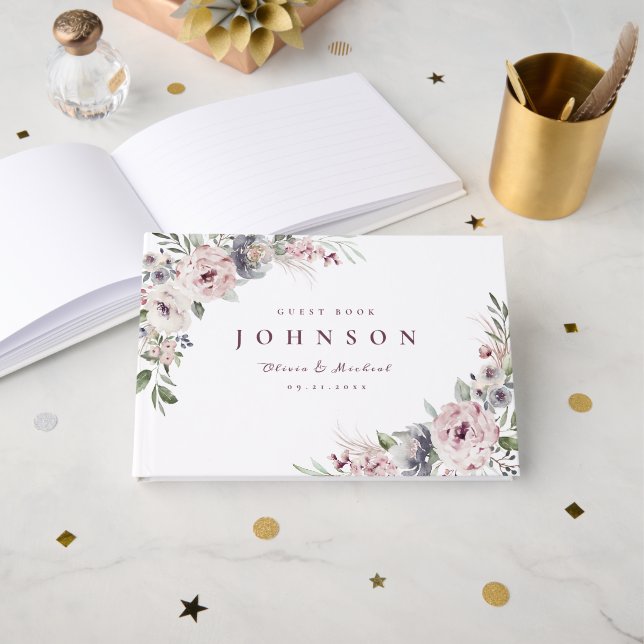 Livre D'or Boho rose pâle mariage à fleurs (Recto ouvert)
