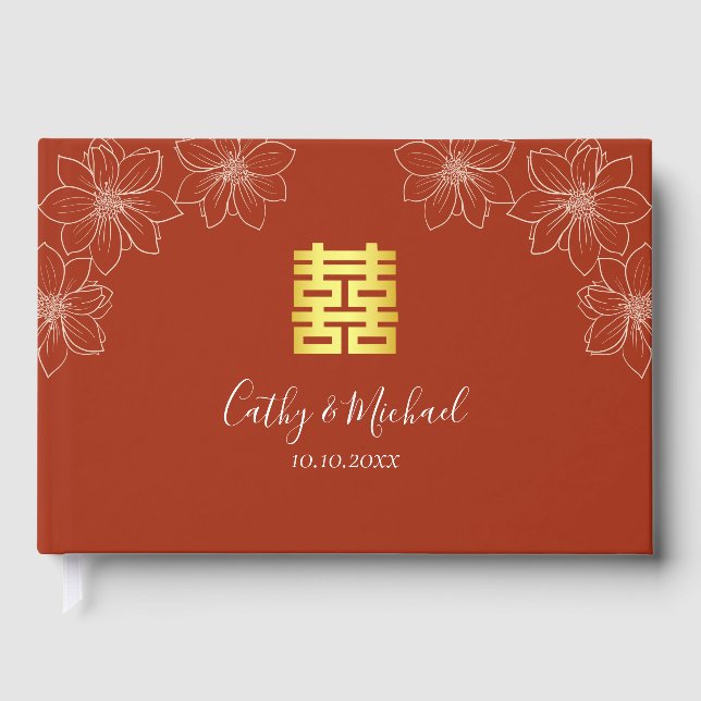 Livre D'or Boho rouge moderne floral mariage chinois (Recto)