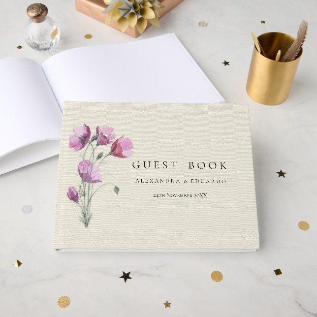 Livre D'or Boho violet Floral et Mariage beige (Recto ouvert)