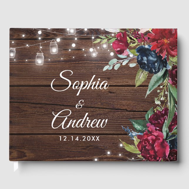 Livre D'or Bois rustique Bourgogne Floral Lumières Mariage (Recto)