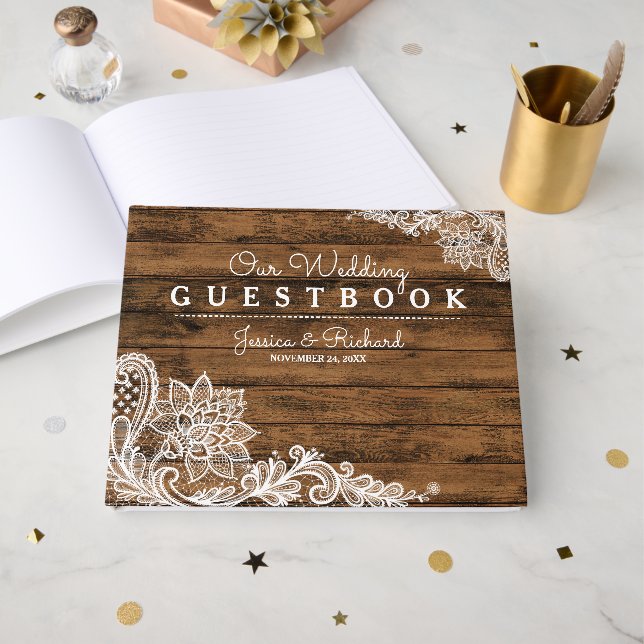 Livre D'or Bois rustique et dentelle (Recto ouvert)
