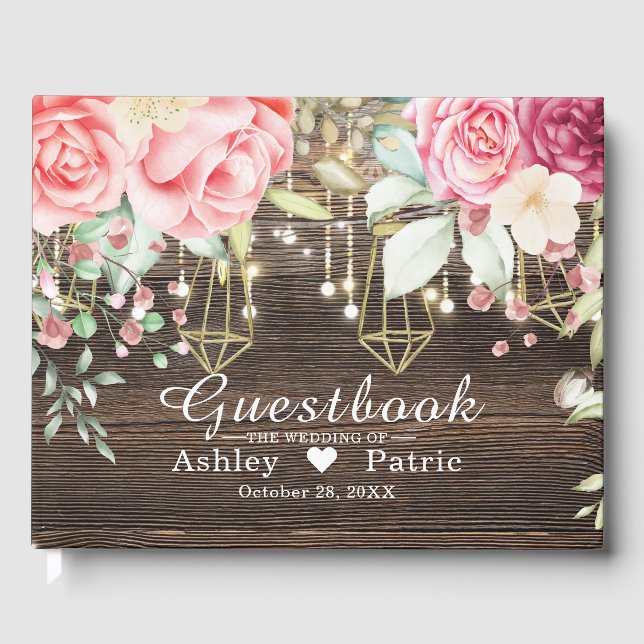 Livre D'or Bois rustique Floral String lumières Mariage (Recto)