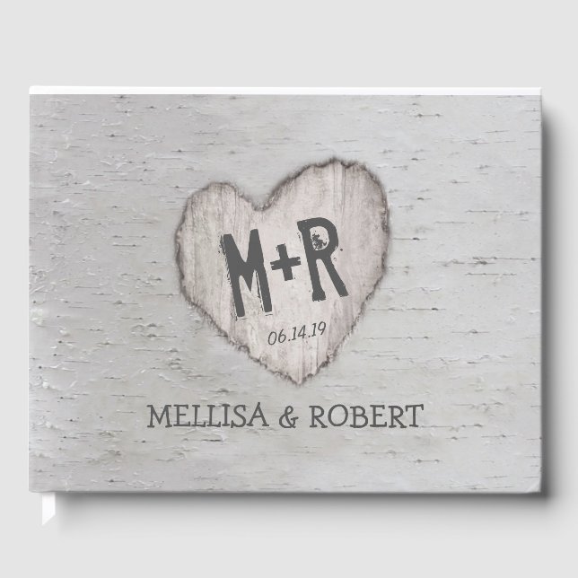 Livre D'or Bois rustique sculpté Coeur Birch Mariage (Recto)