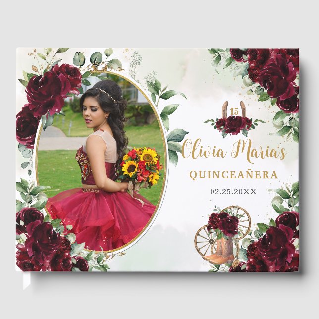 Livre D'or Bourgogne Floral Charro Bottes Quinceanera Photo (Recto)