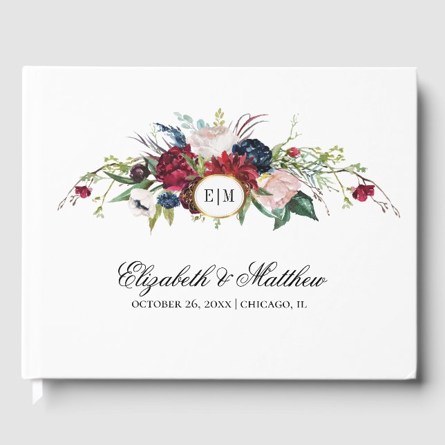 Livre D'or Bourgogne | Mariage d'aquarelle bleu marine (Recto)