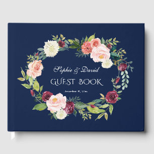 Livre D'or Burgundy Blush Floral Dark Blue Wreath Mariage