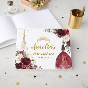Livre D'or Burgundy Blush Floral Paris Eiffel Quinceanera XV