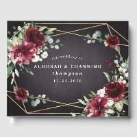 Burgundy Rouge Noir et Or Floral Élégant Mariage