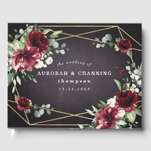 Livre D'or Burgundy Rouge Noir et Or Floral Élégant Mariage