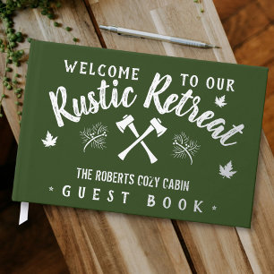 Livre D'or Cabine Rustic Retraite Nom Customisé Vert Argent