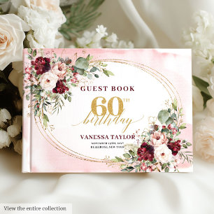 Livre D'or Cadre Chic Boho Bourgogne Or Fleurs 60e Anniversai