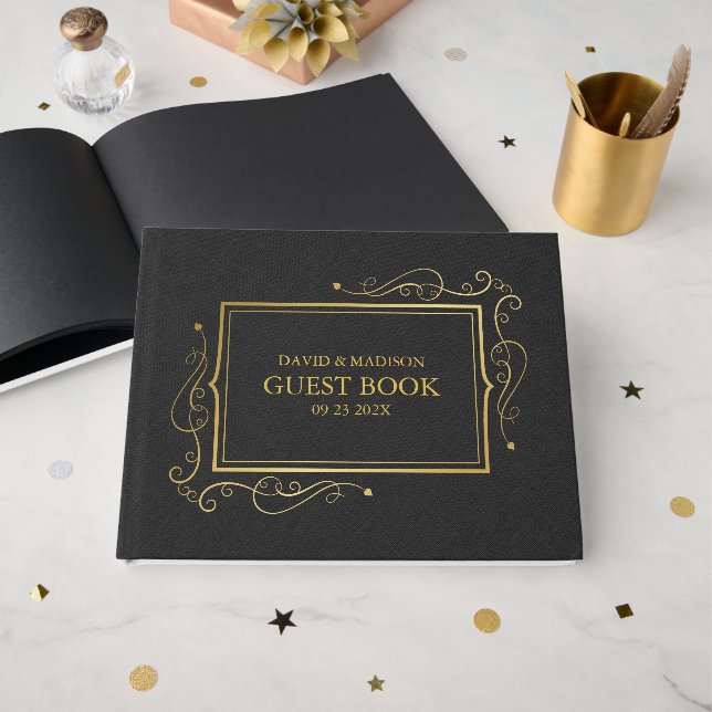 Livre D'or Cadre en or noir Faux Linen (Recto ouvert)