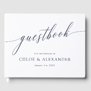 Livre D'or Calligraphie délicate Mariage blanc bleu marine