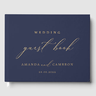 Livre D'or Calligraphie d'or romantique Marine Mariage bleu