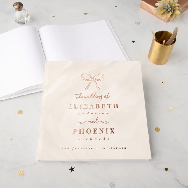 Livre D'or Champagne Pearl Bow Elegant Square Wedding (Recto ouvert)