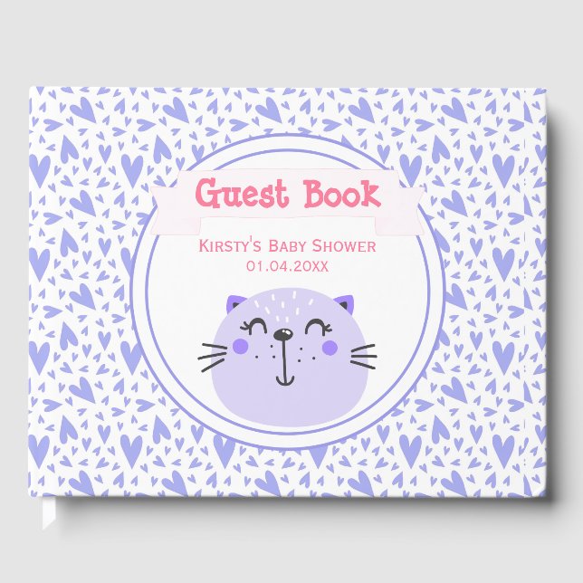 Livre D'or Chat mignon pourpre | Lilac Hearts Baby shower (Recto)