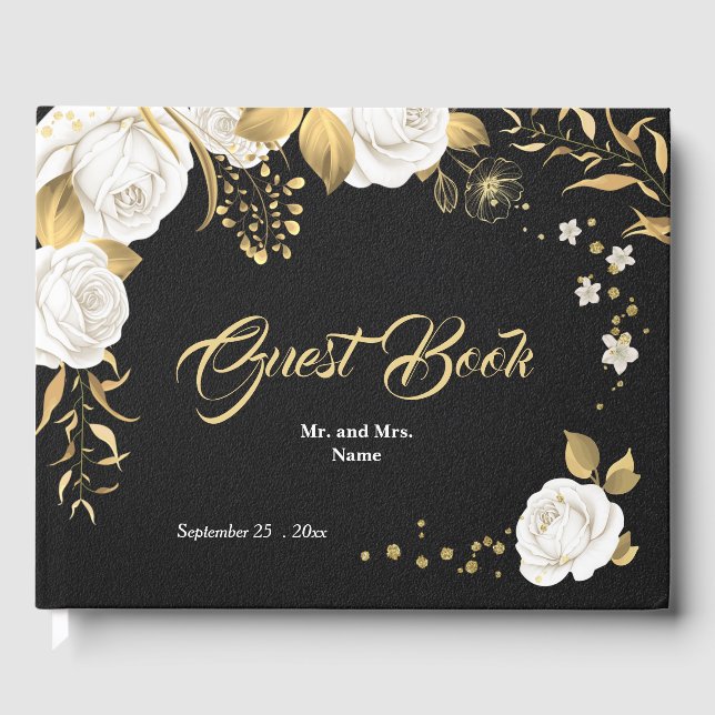 Livre D'or chic blanc fleuri or feuille noir (Recto)