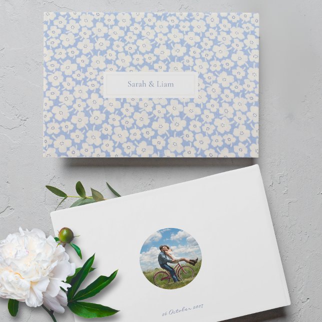 Livre D'or Chic bleu blanc Couple photo Floral Daisy Mariage (Créateur téléchargé)