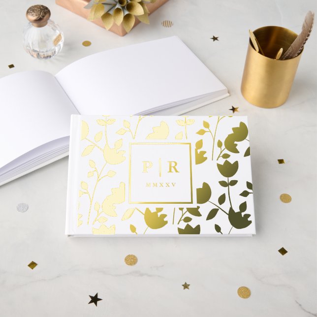 Livre D'or Chic Botanique Floral Imprimer Monogramme Mariage (Recto ouvert)