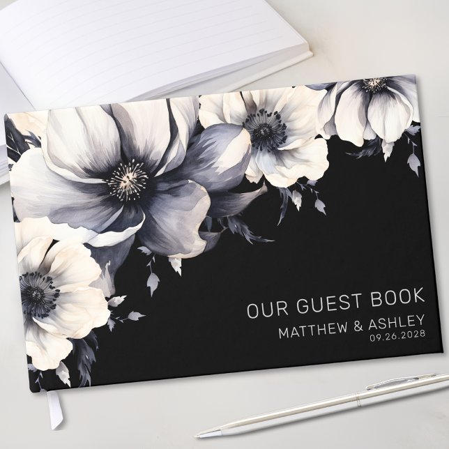 Livre D'or Chic moderne Floral noir blanc Mariage (Chic Modern Floral Black White Wedding Guest Book)