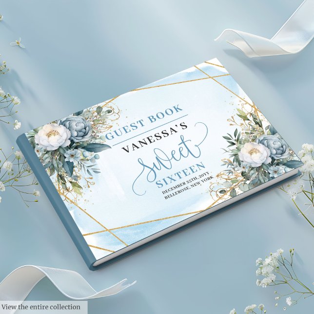 Livre D'or Chic Pastel Bleu Blanc Or Fleurs Douce (Chic Pastel Blue White Gold Flowers Sweet 16 Guest Book)