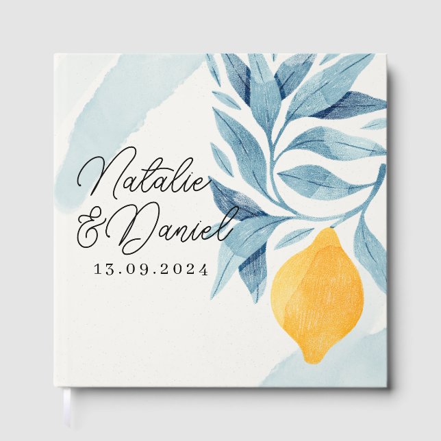 Livre D'or Citron avec illustration botanique feuille bleue (Recto)