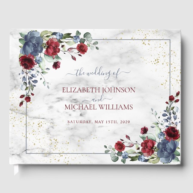 Livre D'or Clair bleu Bourgogne Floral Mariage (Recto)
