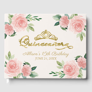 Livre D'or Couronne dorée Blush Fleurs roses Quinceanera