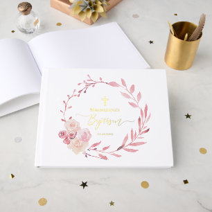 Livre D'or couronne florale rose Baptême