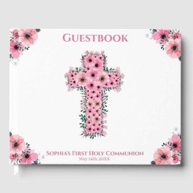 Livre D'or Croix rose Chic Premier Fille Communion (Recto)