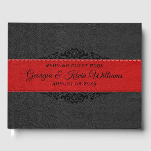 Livre D'or Cuir noir et rouge avec accent floral noir