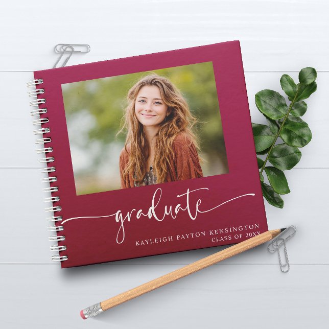 Livre d'or de la Bourgogne avec photo (Modern Burgundy Graduation Guest Book with Photo)