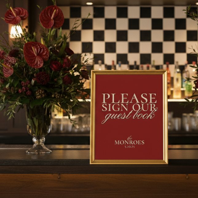 Livre d'or de mariage élégant écriture classique r (Invite guests to leave their love and well wishes with this Old Money Red Wedding Guestbook Sign!)