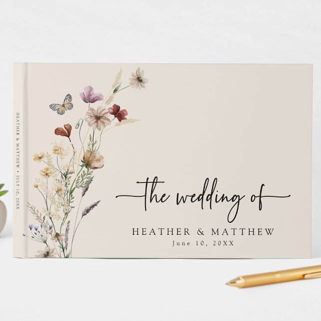Livre d'or de mariage floral bohème (Tan Wildflower Boho Floral Wedding Guest Book with butterfly by Painted Paperie
)