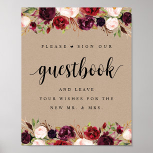 Livre d'or de mariage floral burgundy Kraft rustiq