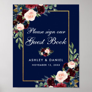 Livre d'or de mariage floral or burgundy bleu