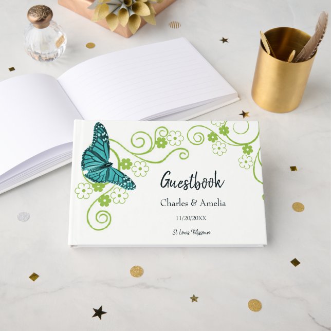 Livre d'or de mariage floral Papillon sarcelle (Recto ouvert)