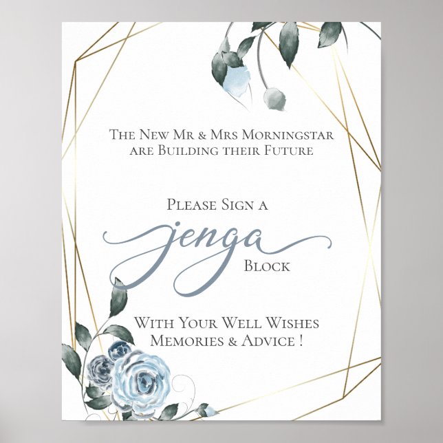 Livre d'or de mariage Jenga Bleu Poussiéreux Fleur (Devant)
