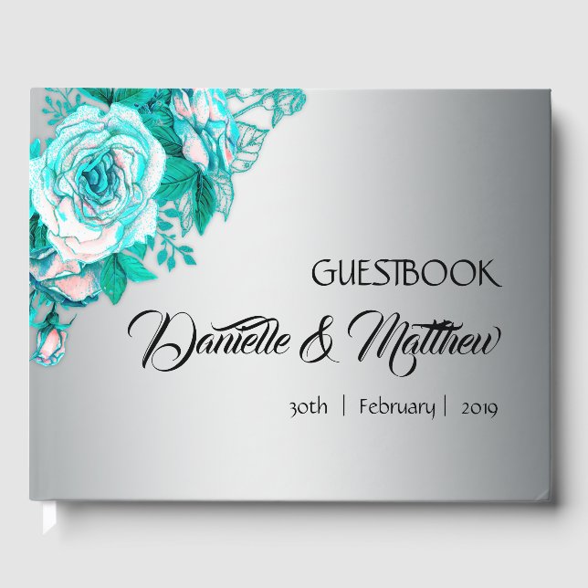 Livre d'or de mariage Roses aqua et Argent (Recto)