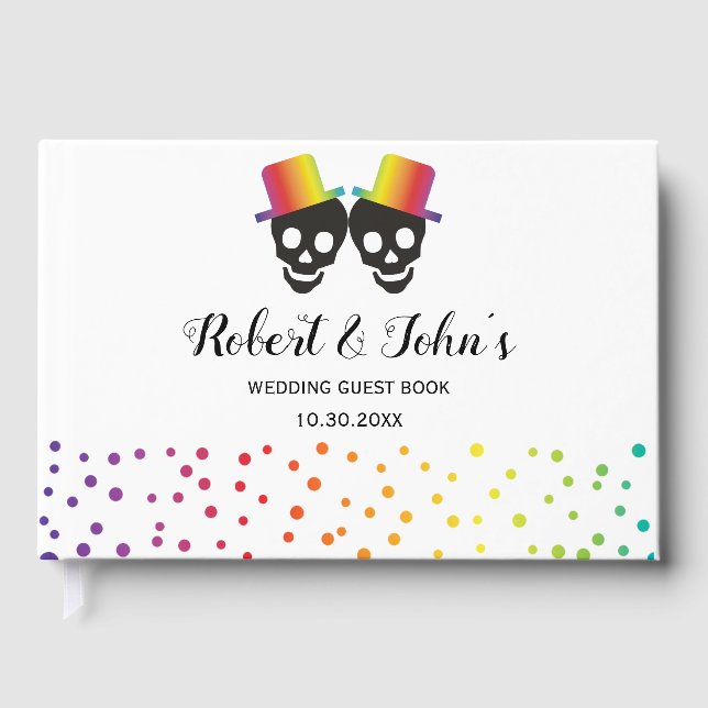 Livre D'or Deux mariés crânes et confettis mariage gay (Recto)