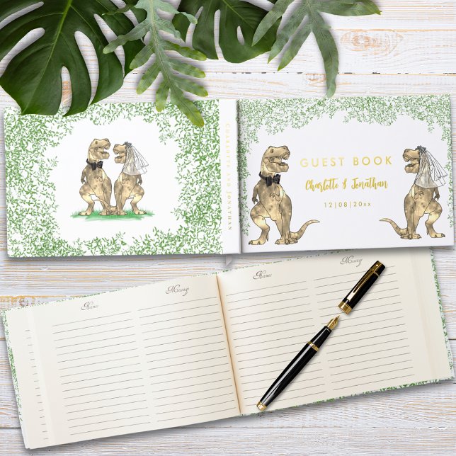 Livre D'or Dinosaur Thème Mariage Gold Foil (Dinosaur themed wedding guest book with funny T-Rex bride and groom and Jurassic jungle foliage )