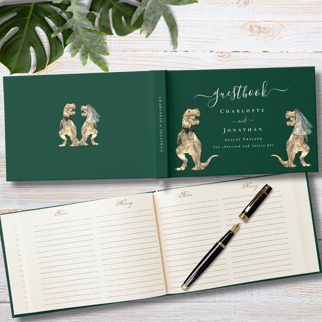 Livre D'or Dinosaur Thème Mariage Vert et Or ( Dinosaur bride and groom wedding custom dark green and gold foil guest book with funny T-Rex dino)