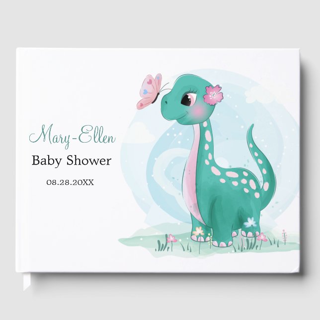 Livre D'or Dinosaure turquoise mou avec Baby shower papillon (Recto)