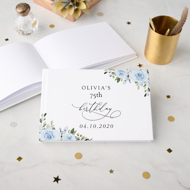 Livre D'or Dusty Blue Flowers, Greenery, Boho, Birthday (Recto ouvert)