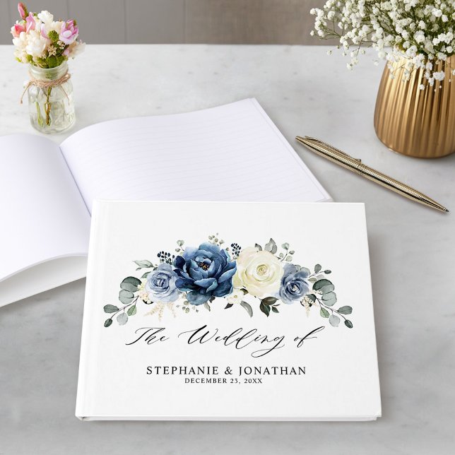 Livre D'or Dusty Blue Navy Champagne Ivory Floral Mariage (Dusty Blue Navy Champagne Ivory Floral Wedding Guest Book)