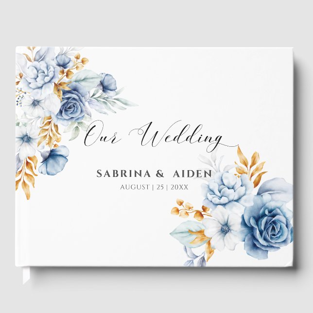 Livre D'or Dusty Blue White Gold Floral Mariage (Recto)
