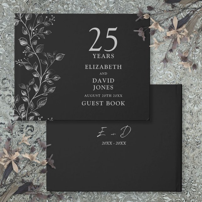Livre D'or Élégant 25e anniversaire Mariage de la florale d'a (Elegant Silver Floral 25th Wedding Anniversary Guest Book)